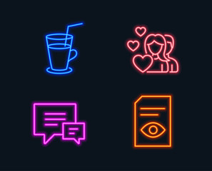 Neon lights. Set of Cocktail, Comment and Couple icons. View document sign. Fresh beverage, Talk bubbles, Valentines day. Open file.  Glowing graphic designs. Vector