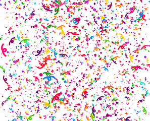 Carnaval or Festival Confetti. Colorful confetti pieces. Celebration party or Holiday background. Flying colorful glitter particles. Decoration pattern. Vector