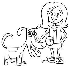 kid girl with funny dog cartoon coloring book