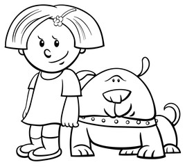 cute girl with funny dog cartoon coloring book