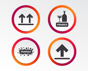 Fragile icons. Delicate package delivery signs. This side up arrows symbol. Infographic design buttons. Circle templates. Vector