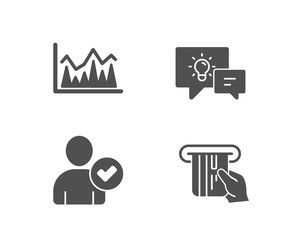 Set of Investment, Idea lamp and Identity confirmed icons. Credit card sign. Economic statistics, Business energy, Person validated. Atm payment.  Quality design elements. Classic style. Vector