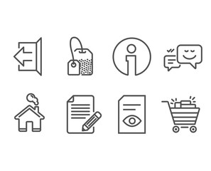 Set of View document, Happy emotion and Article icons. Sign out, Tea bag and Shopping cart signs. Open file, Web chat, Feedback. Logout, Brew hot drink, Gifts.  Information and Home design elements