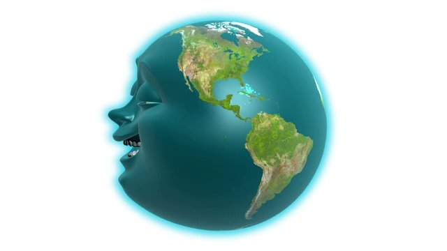 Anthropomorphic Earth on white background, seamless loop. 3D animation in cartoon style with alpha matte. Texture of Earth was created in graphic editor without photos and other images.