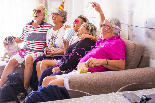 Nice Happy Group Of People Big Family Different Ages Grandfathers And Nephew Enjoy Leisure Funny Times Together At Home During A Celebration Like Carnival Or Birthday. Last Day Years Eve Party