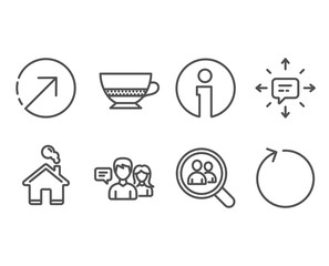 Set of Sms, People talking and Search employees icons. Bombon coffee, Direction and Loop signs. Conversation, Contact service, Staff analysis. Cafe bombon, Navigation pointer, Refresh. Vector