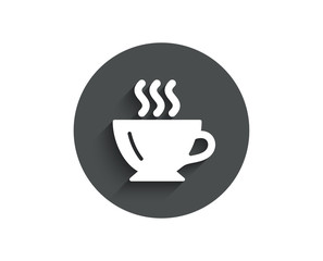Coffee cup simple icon. Hot drink sign. Cappuccino symbol. Circle flat button with shadow. Vector