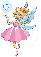 Illustration of the happy tooth fairy, flying on white background.