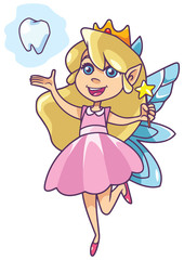 Illustration of happy little tooth fairy, flying on white background.