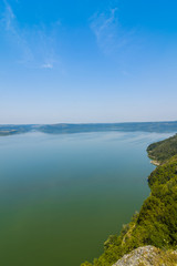 Panoramic view of the fjords and the bay of Bakota from a height. Bakota, Ukraine.