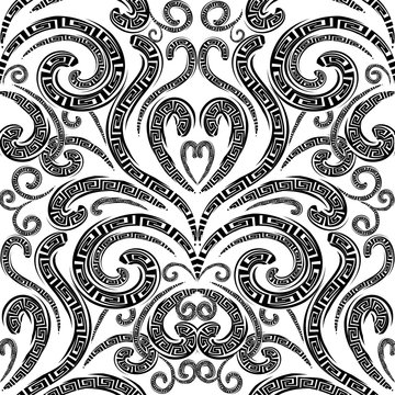 Floral greek vector seamless pattern. Monochrome black and white