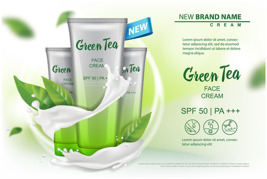 Cosmetics product with green tea extract advertising for catalog, magazine. Vector Mock up of cosmetic package. cream, gel, body lotion