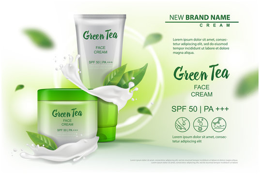 Design cosmetics product with green tea extract advertising for catalog, magazine. Vector Mock up of cosmetic package.