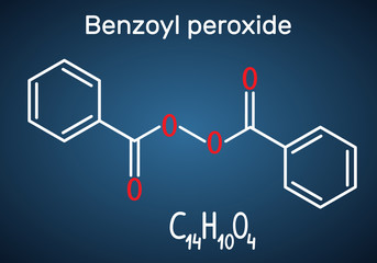 Benzoyl peroxide (BPO) molecule. Structural chemical formula and molecule model on the dark blue background