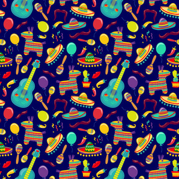 Cinco de Mayo Vector Seamles Pattern with Fiesta Elements. Mexican Attributes Sombreros, a Guitar, Cactus and decoration. Vector illustration