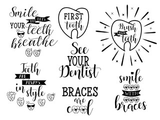 Dental care lettering. Vector set of Hand drawn calligraphy.