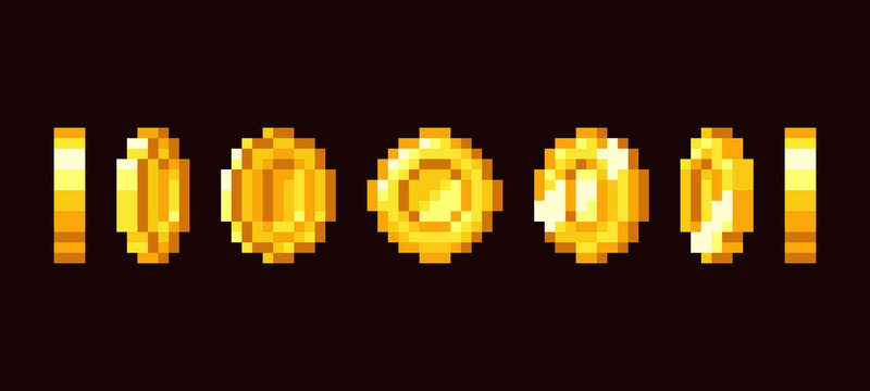 Gold coin animation frames for 16 bit retro video game. Pixel art vector set