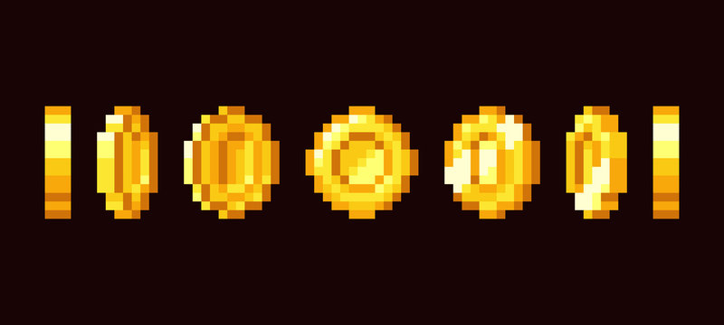 Gold Coin Animation Frames For 16 Bit Retro Video Game. Pixel Art Vector Set