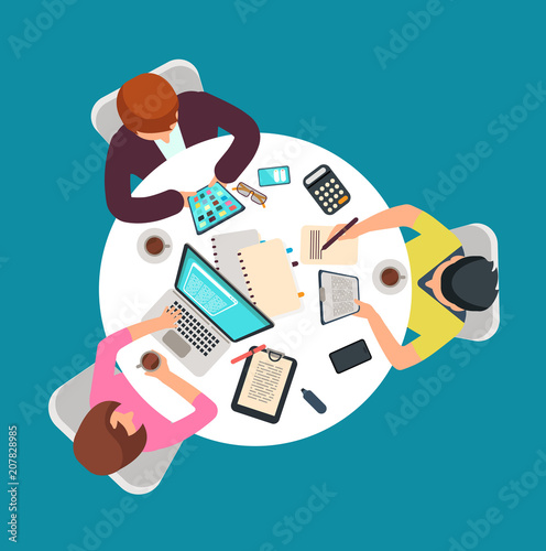 top view people group work at table meeting persons in room vector