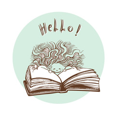 A smiling sun peeps out from behind an open book. Never stop reading. Hand drawn vector illustration