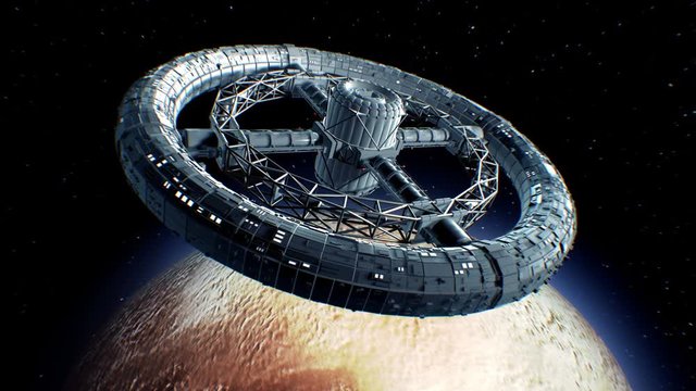 Circular space station. Giant sci-fi torus rotate on Pluto background, 3d animation. Texture of dwarf Planet was created in the graphic editor without photos and other images.