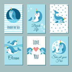 Cute cartoon anime narwhal romance cards. Posters with funny kawaii baby unicorn whale vector characters - obrazy, fototapety, plakaty
