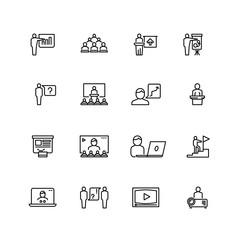 Presentation and conference symbols. Training and learning line icons. People group in class outline pictograms vector set isolated
