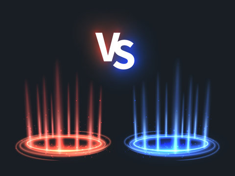 Versus glowing teleport effect on floor. Vs battle scene with rays and sparks. Abstract hologram supernatural vector background