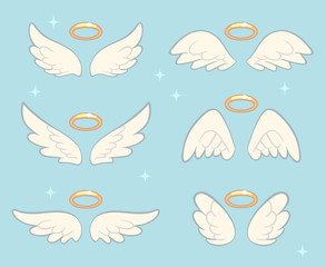 Flying angel wings with gold nimbus. Angelic wing cartoon vector set