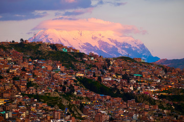 City of La Paz and mountain of Illimani during sunset. Bolivia