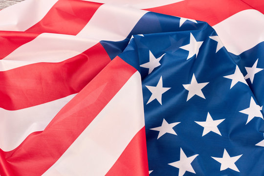 USA flag background. Close up crumpled flag of United States of America. American flag wallpaper.