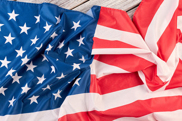 Crumpled flag of USA. American crumpled flag close up, horizontal image. Main national country...