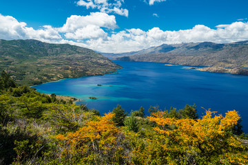 Lake of Cochrane with clear blue water during sunny day. Patagonia, Chile