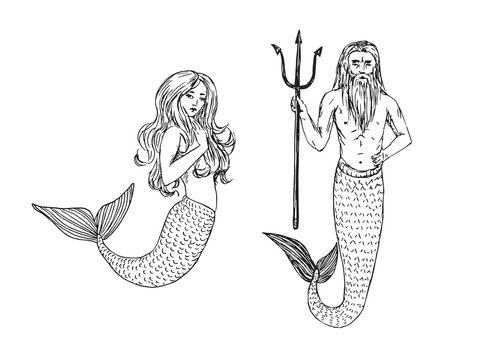 Mermaid and Neptune holding trident, hand drawn outline doodle sketch, black and white vector illustration