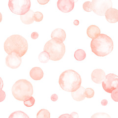 Watercolor texture. Aquarelle circles in pastel colors. Seamless pattern. Watercolor pink spots isolated on white background.