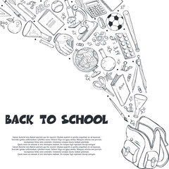 Hand drawn school objects flying out of backpack composition. Vector illustration of school accessories isolated on white background. Back to school.