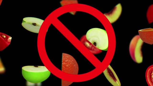 Dangerous harmful fruits in prohibition sign, 3d animation on black background, seamless loop.