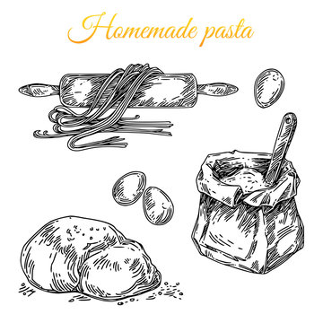 Set for homemade pasta. Rolling pin, bag of flour, eggs and dough. Engraving style. Vector illustration.