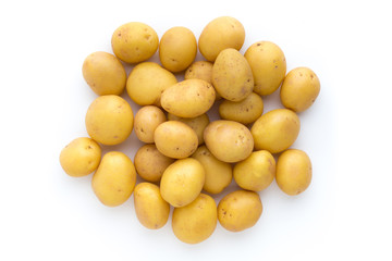 Young potato isolated on white background. Harvest new. Flat lay, top view