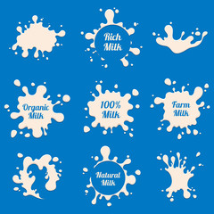 Milk splashes vector labels. Farm fresh dairy product advertising badges