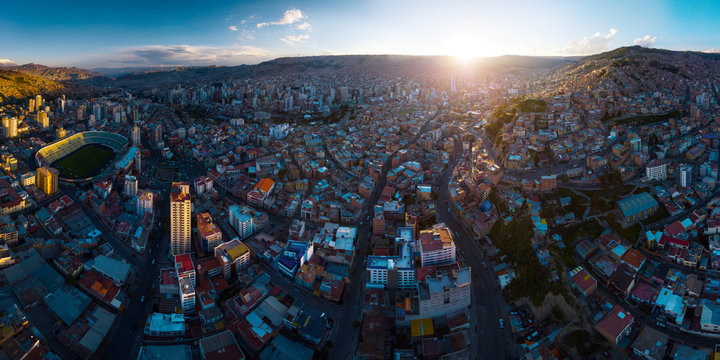 Aerial panorama of the city of La Paz during sunset. Bolivia
