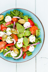Vegetable salad with cheese mozzarella, tomatoes, basilikum and spice.