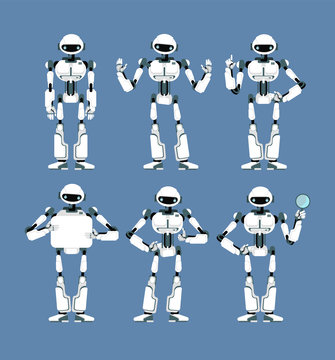 Cybernetic robot android with bionic arms and eyes in different poses. Cute cartoon scifi humanoid mascot set