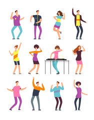 Young funny men and women dancing at summer party. Friendly people in vacation. Vector cartoon characters isolated