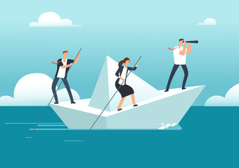 Business team with leader sailing on paper boat in ocean of opportunities to goal. Successful teamwork and leadership vector concept