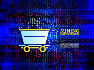 Abstract mining concept with trolley and circuit board texture. High-tech technology background.
