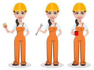 Naklejka premium Beautiful female builder in uniform