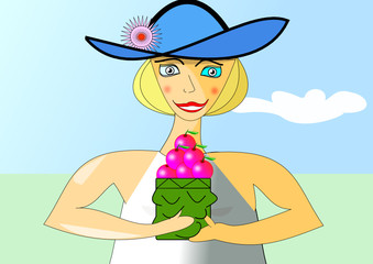 Mujer con sombrero y ricas cerezas.