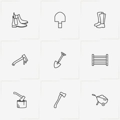 Gardening line icon set with fence, wheelbarrow and boots