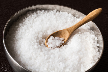 crystal salt in metal bowl